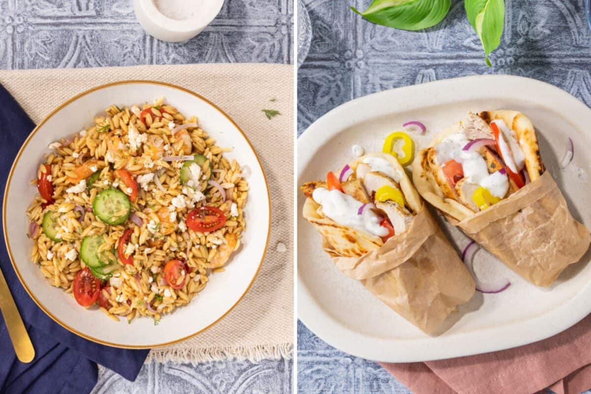 Shrimp Orzo Salad with feta and balsamic, Chicken Gyro with tzatziki and banana peppers