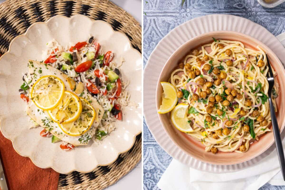 Lemon Parsley Yellowtail with Mediterranean-style rice salad, Hummus Pasta with spinach and crispy chickpeas