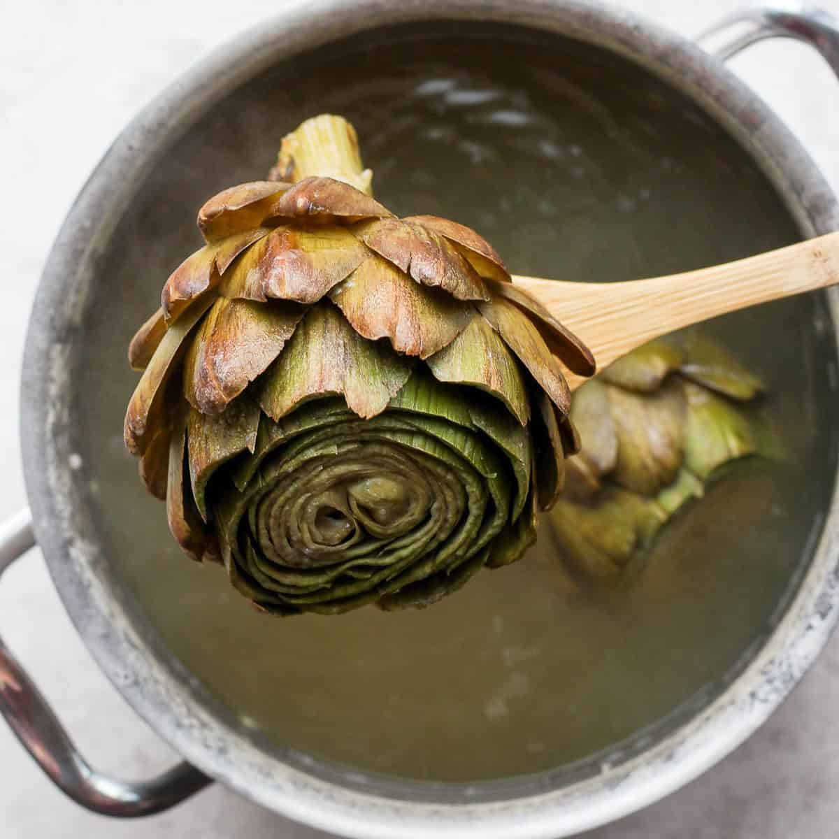 Lifting a cooked artichoke from water.