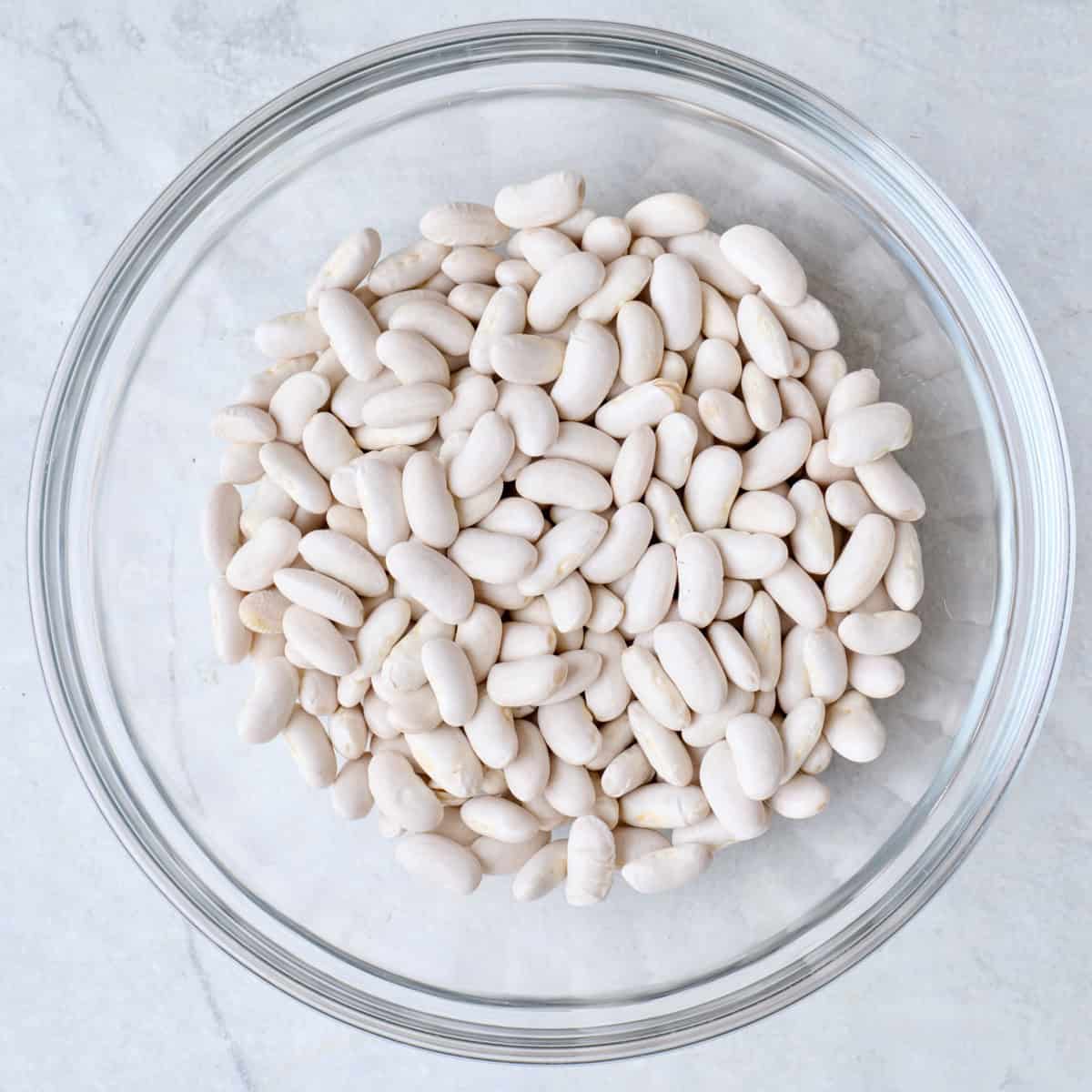 Dried cannellini beans in a bowl.