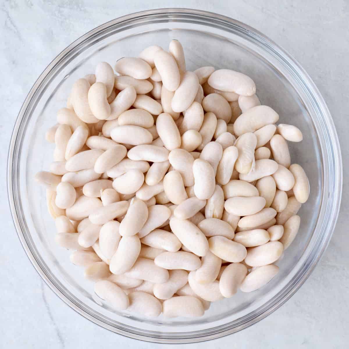 Dried cannellini beans in a bowl.