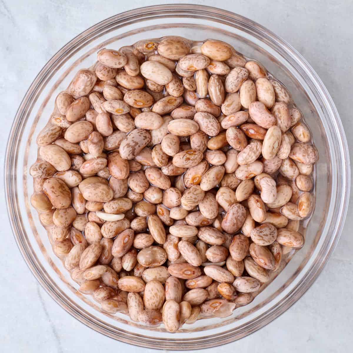 Dried pinto beans in a bowl.