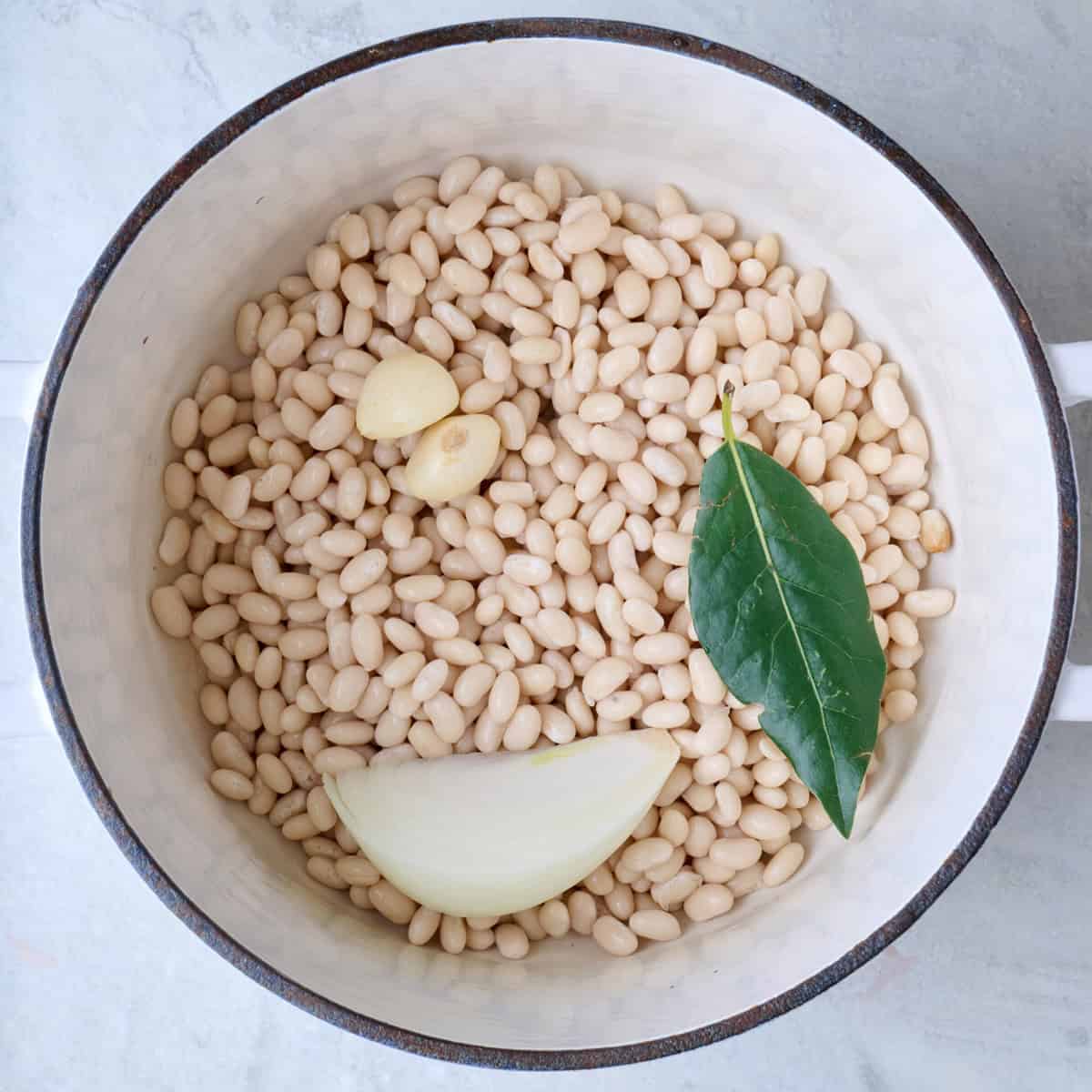 Soaked navy beans in a pot with onion, garlic, and a bay leaf.