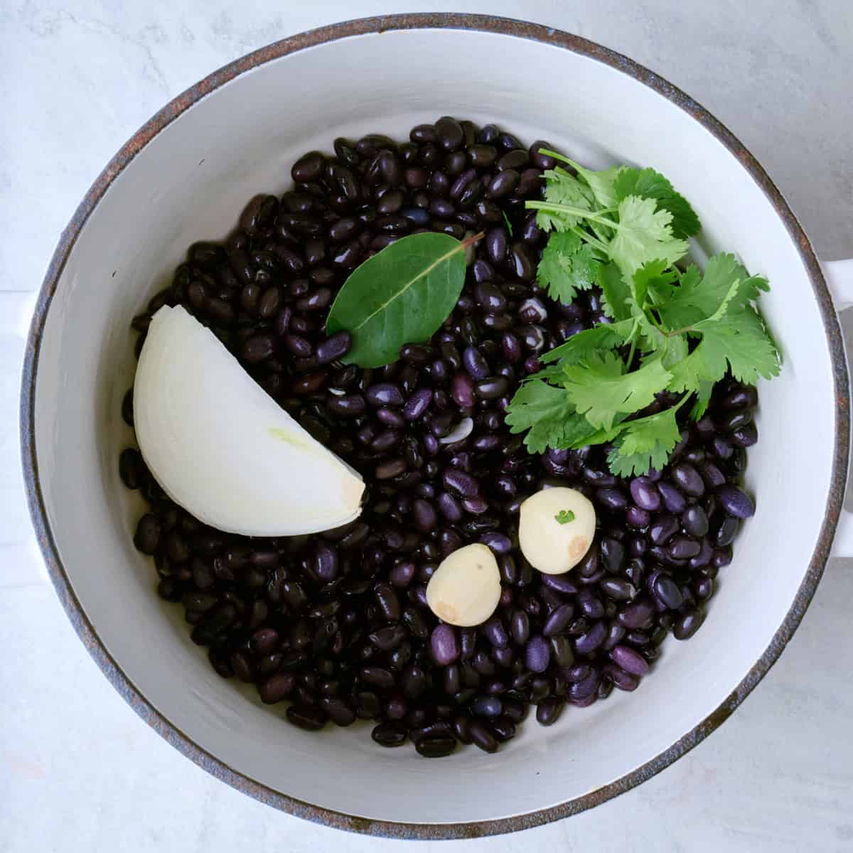 Soaked black beans in a pot with onion, garlic, cilantro, and a bay leaf.