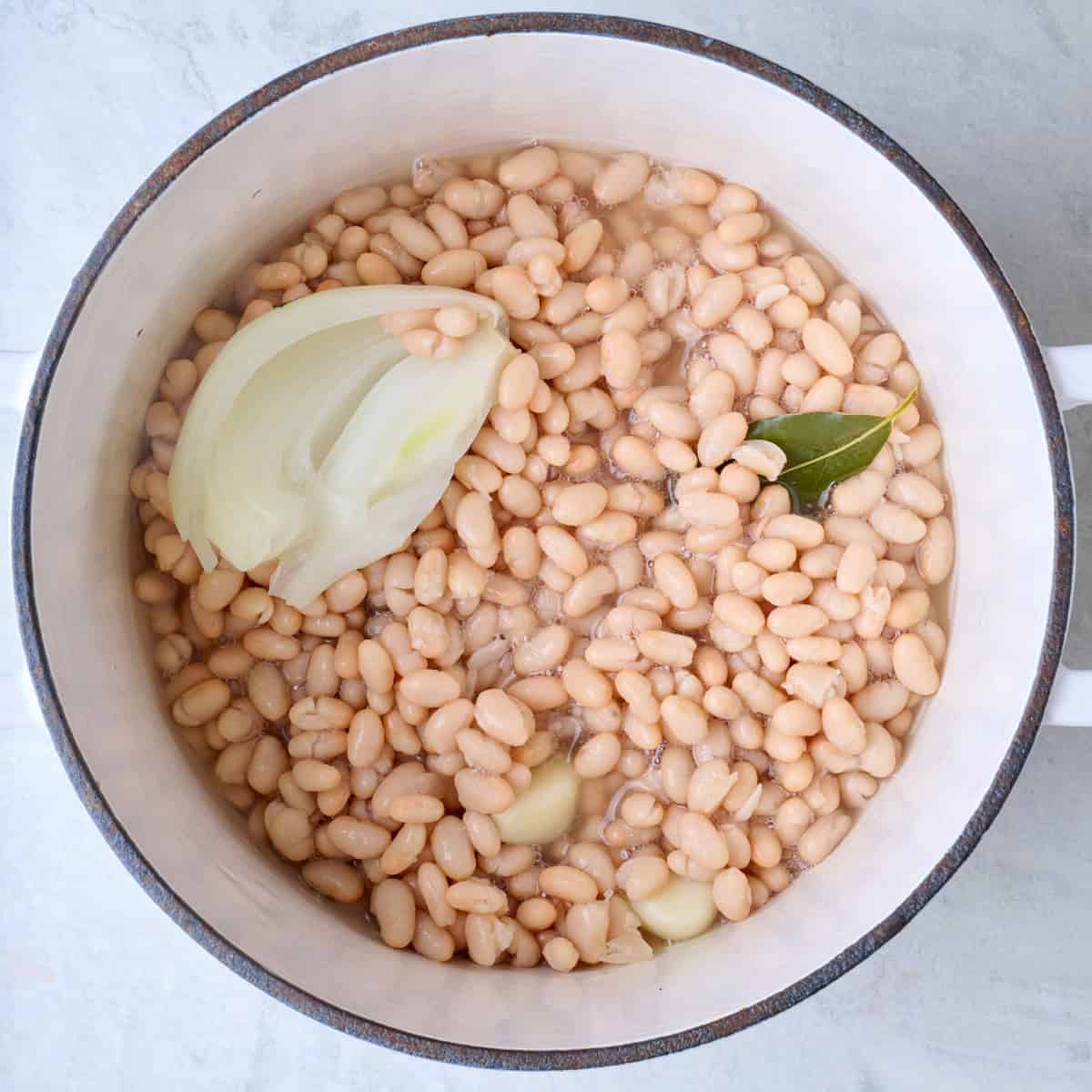 Cooked navy beans in a pot with aromatics.