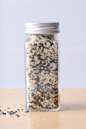 Homemade everything bagel seasoning in a spice jar.