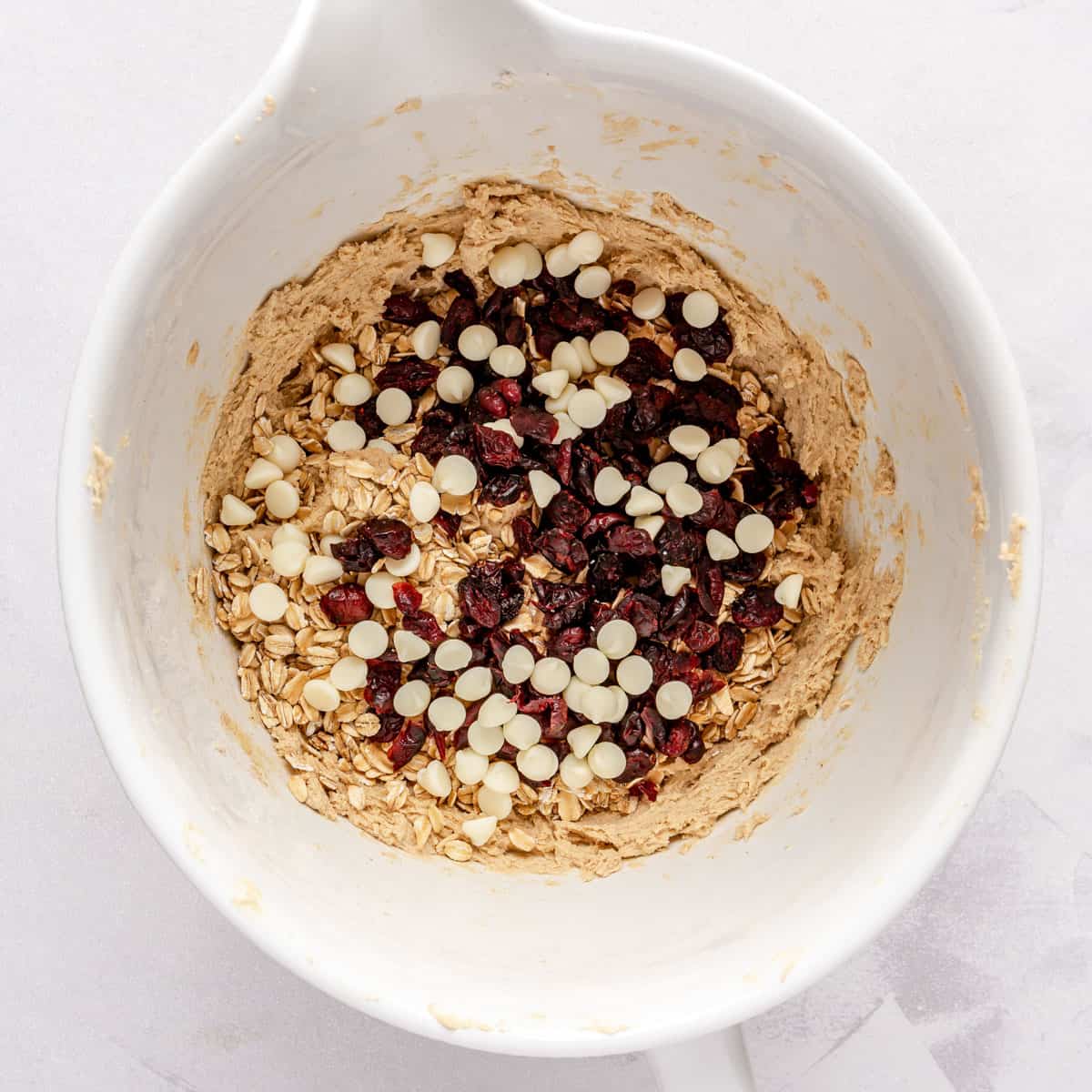 White chocolate chips and dried cranberries added to batter.