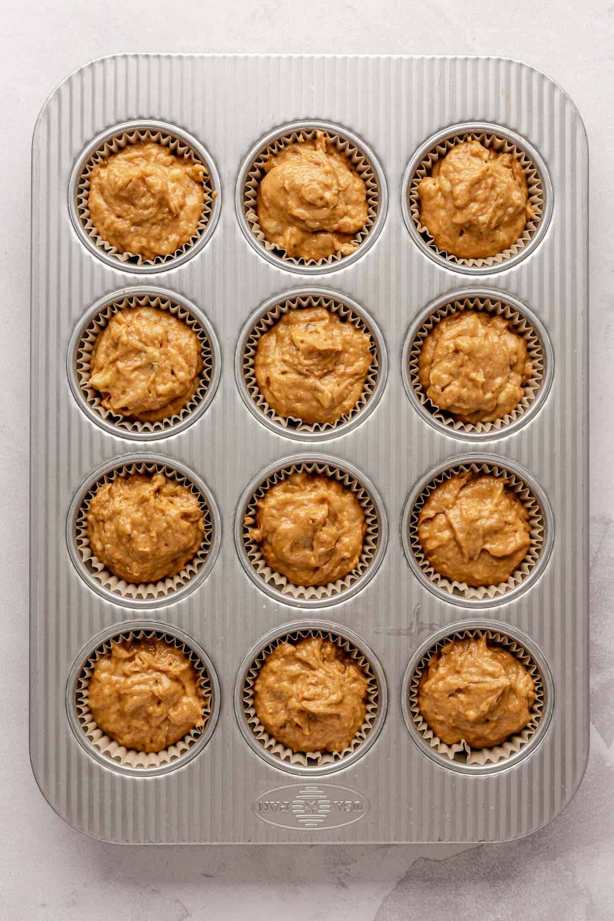 Batter divided into muffin tin.