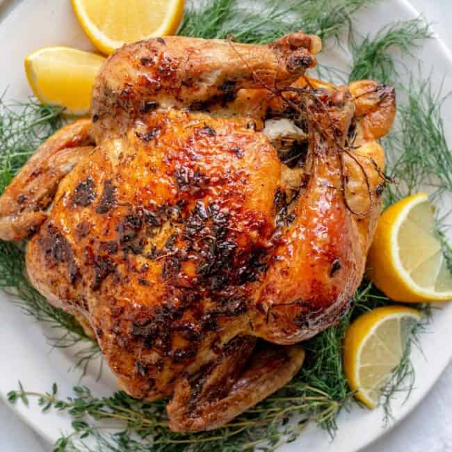 Whole roasted chicken with garlic and herbs recipe.