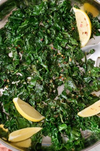 Sauteed kale recipe in skillet.