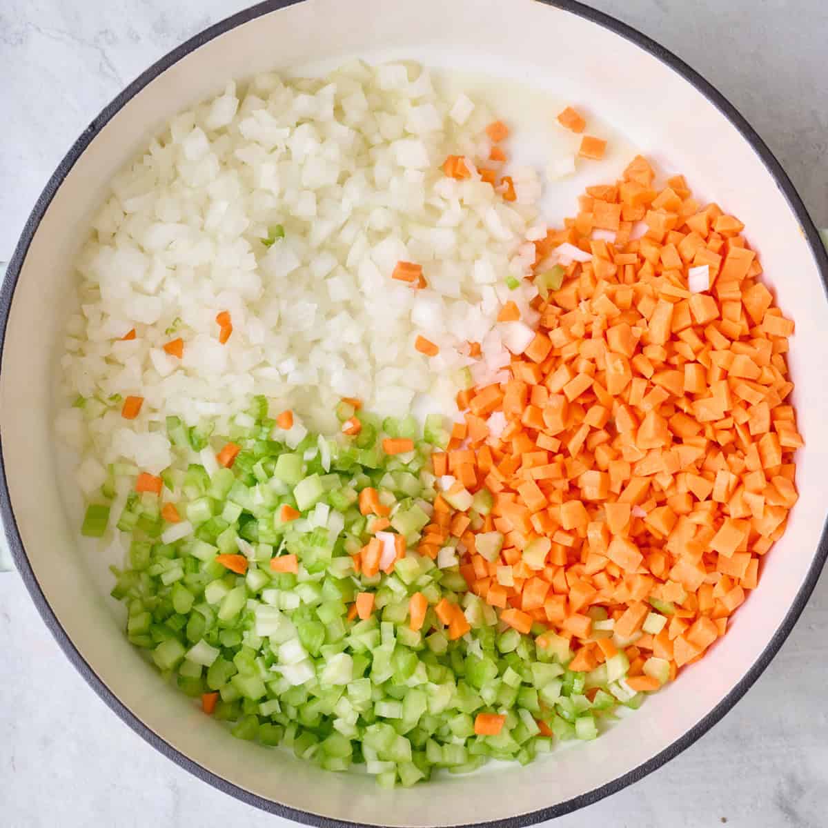 Carrots, celery, onion, salt and pepper in a pot.