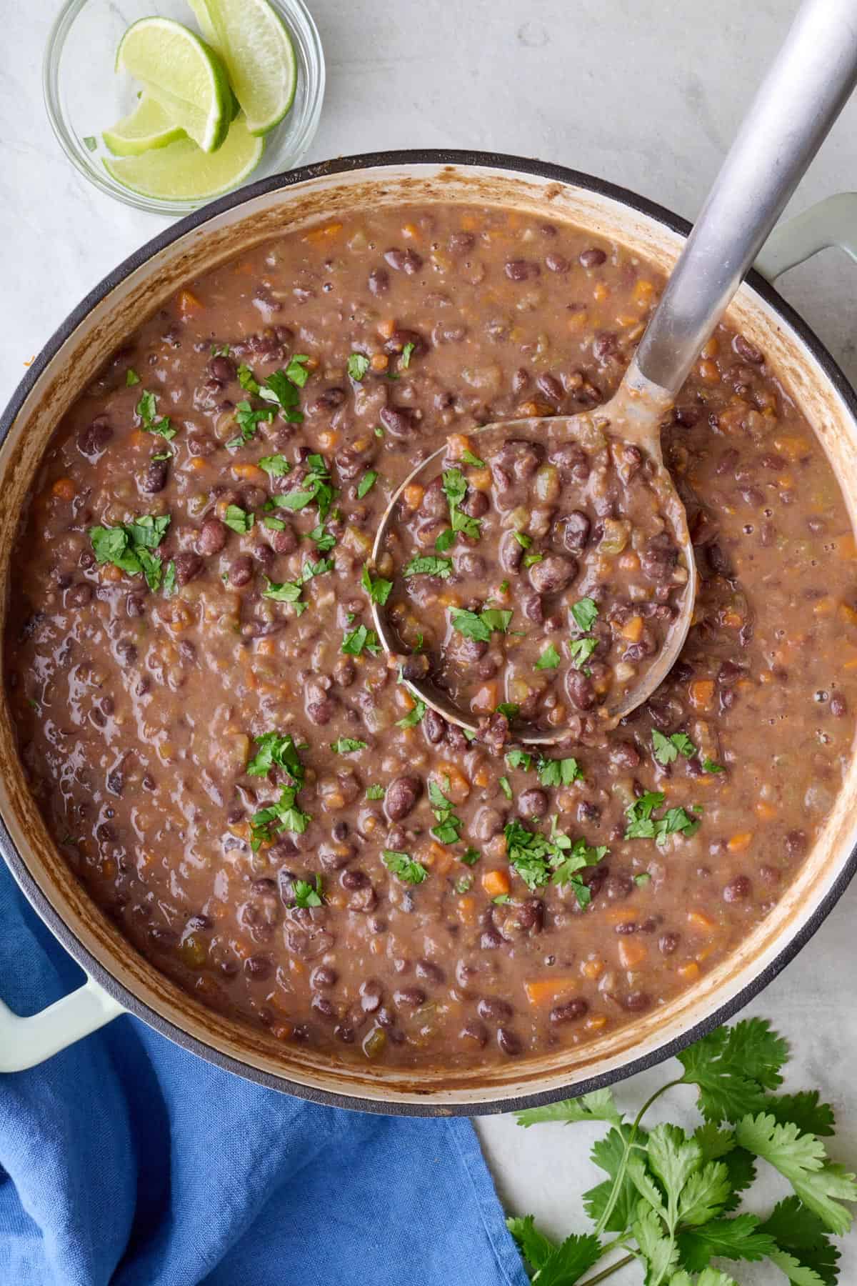 Black Bean Soup in pot with ladle dipped inside, small dish of lime wedges nearby.