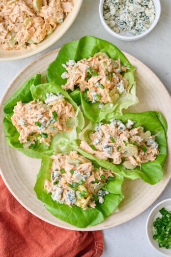 Buffalo chicken salad in lettuce cups.