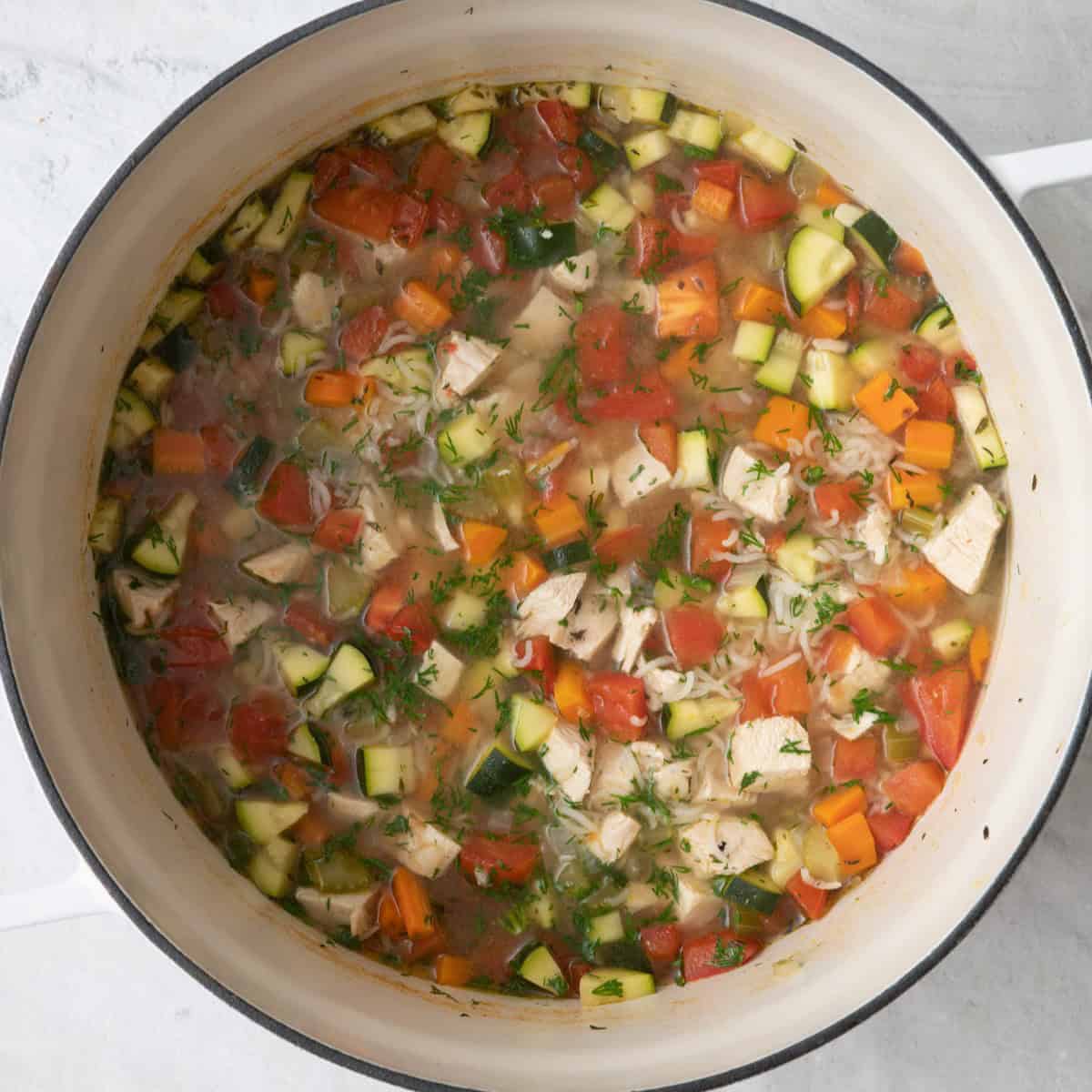 Soup after cooked with dill and lemon juice stirred in.