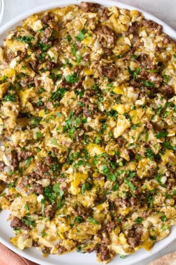 Ground beef and scrambled eggs recipe.