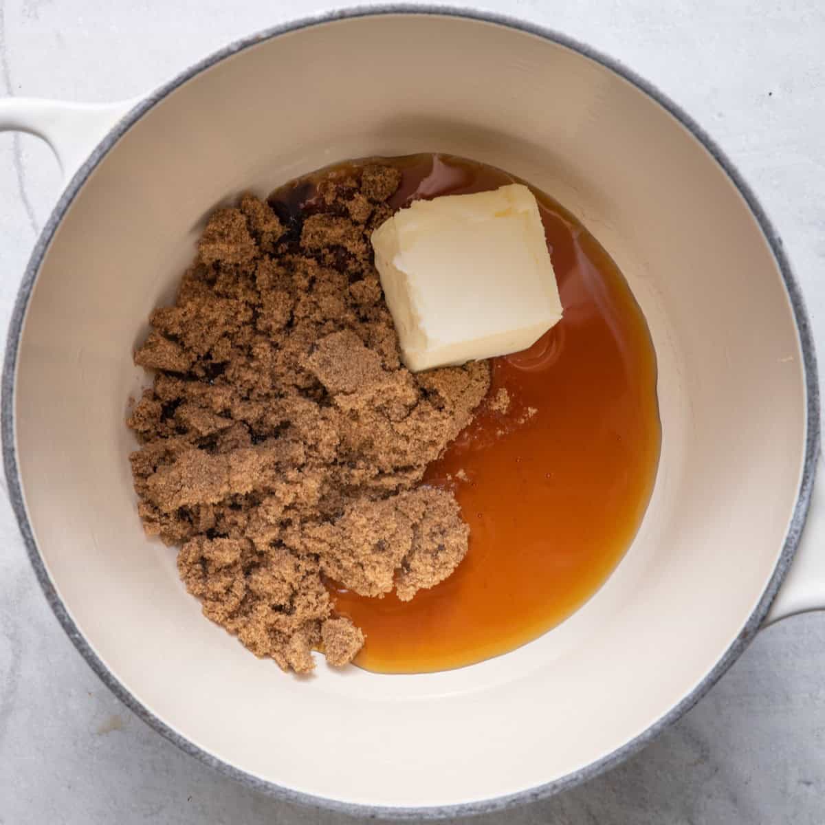 Honey, brown sugar and butter in saucepan before starting to cook.