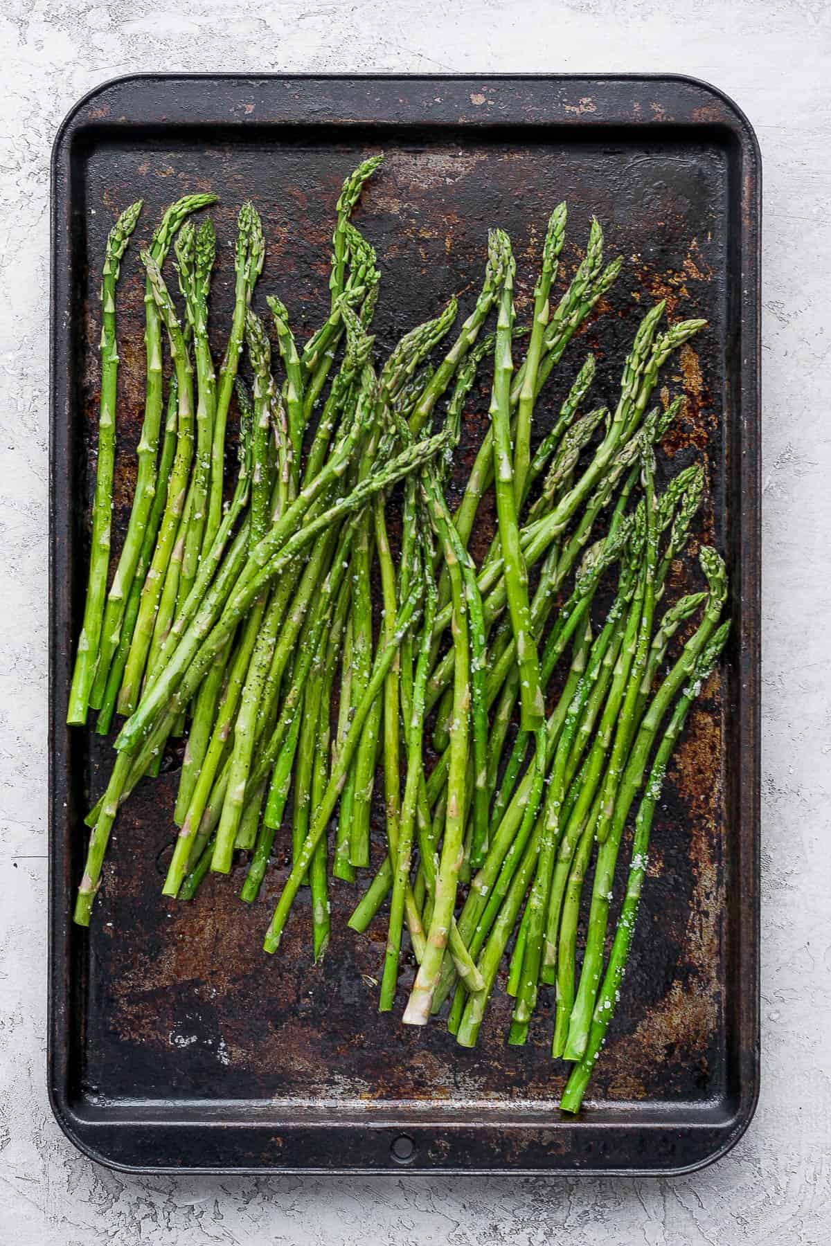 Asparagus after roasting on a sheet pan.