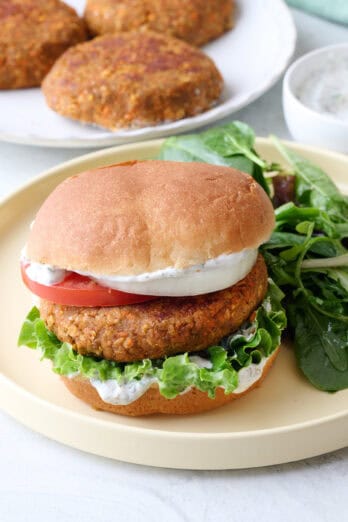 Vegetarian lentil burger on bun with toppings and sauce on a plate with a small spring salad.