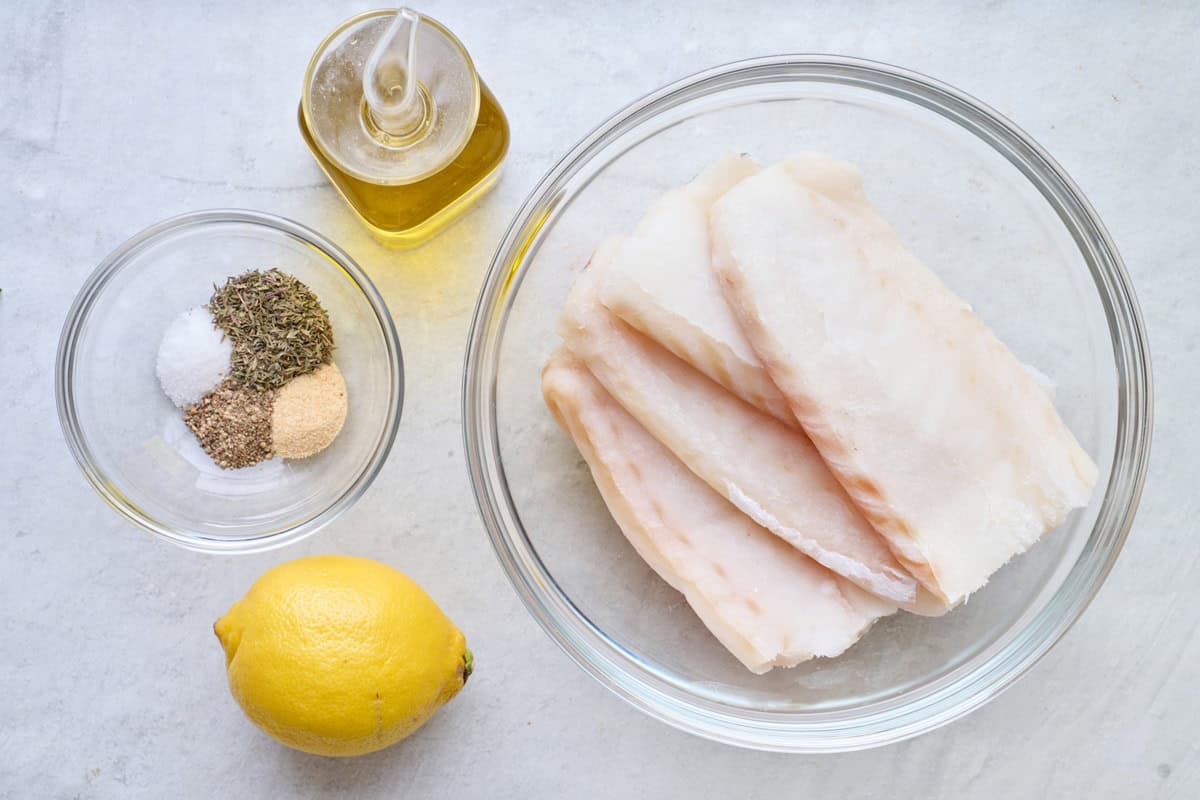 Ingredients for recipe: Cod, olive oil, lemon and spices.