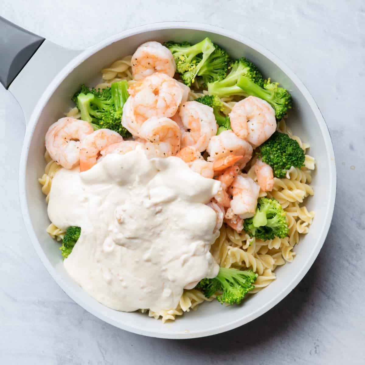 Homemade alfredo and cooked shrimp added on top of pasta and broccoli.