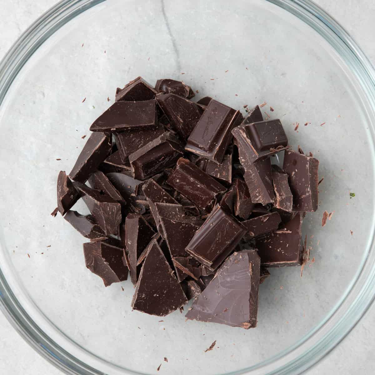 Chocolate bar broken in a bowl before melting.