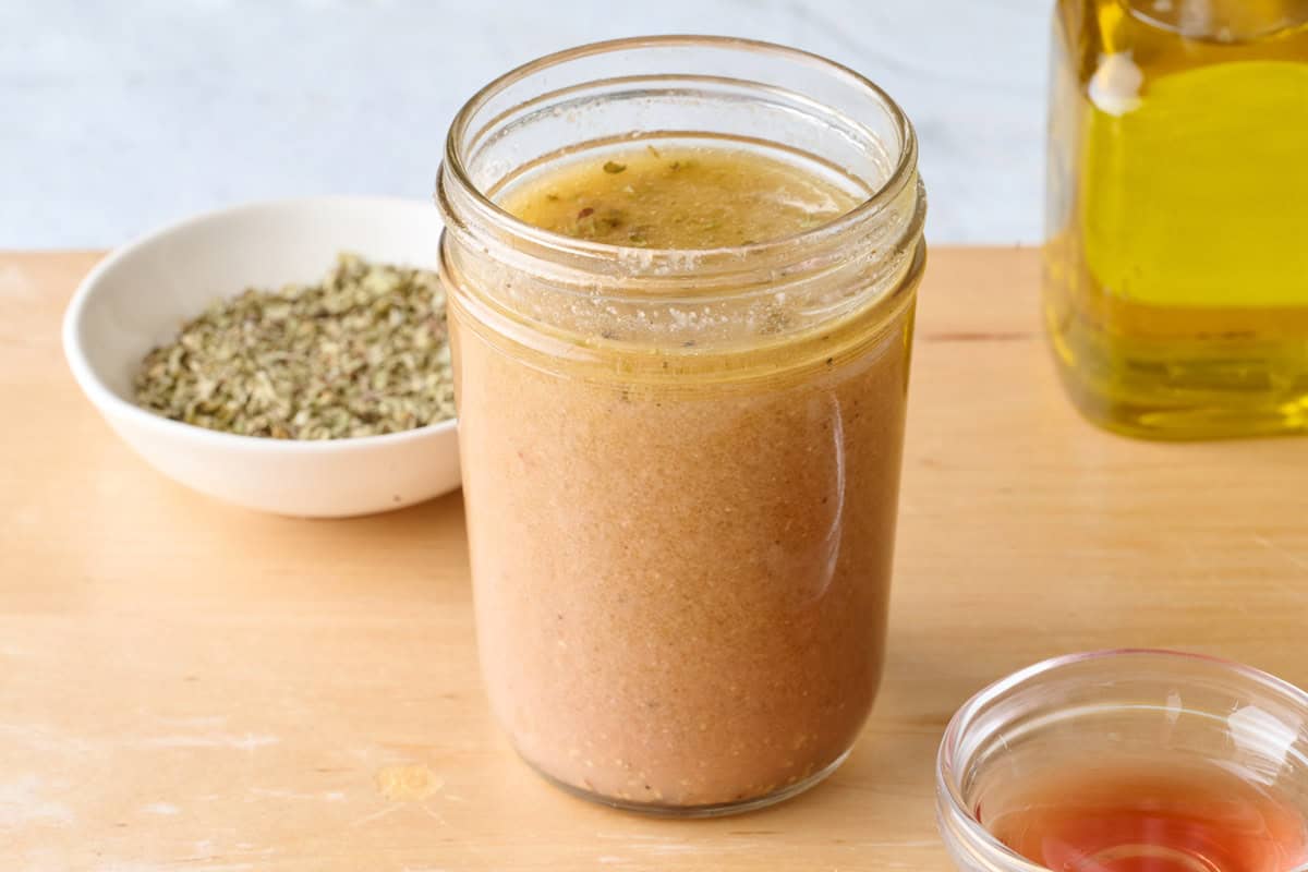 8 oz mason jar of homemade Greek dressing.