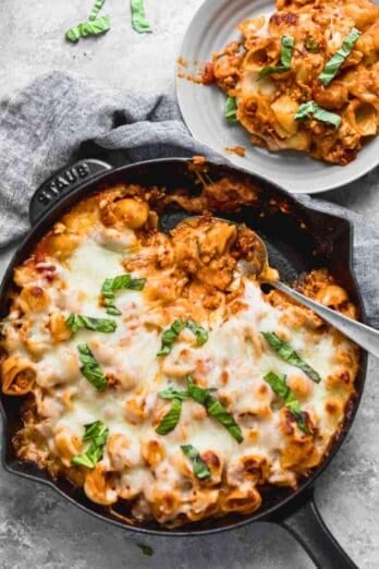 Easy skillet ground turkey baked pasta recipe.