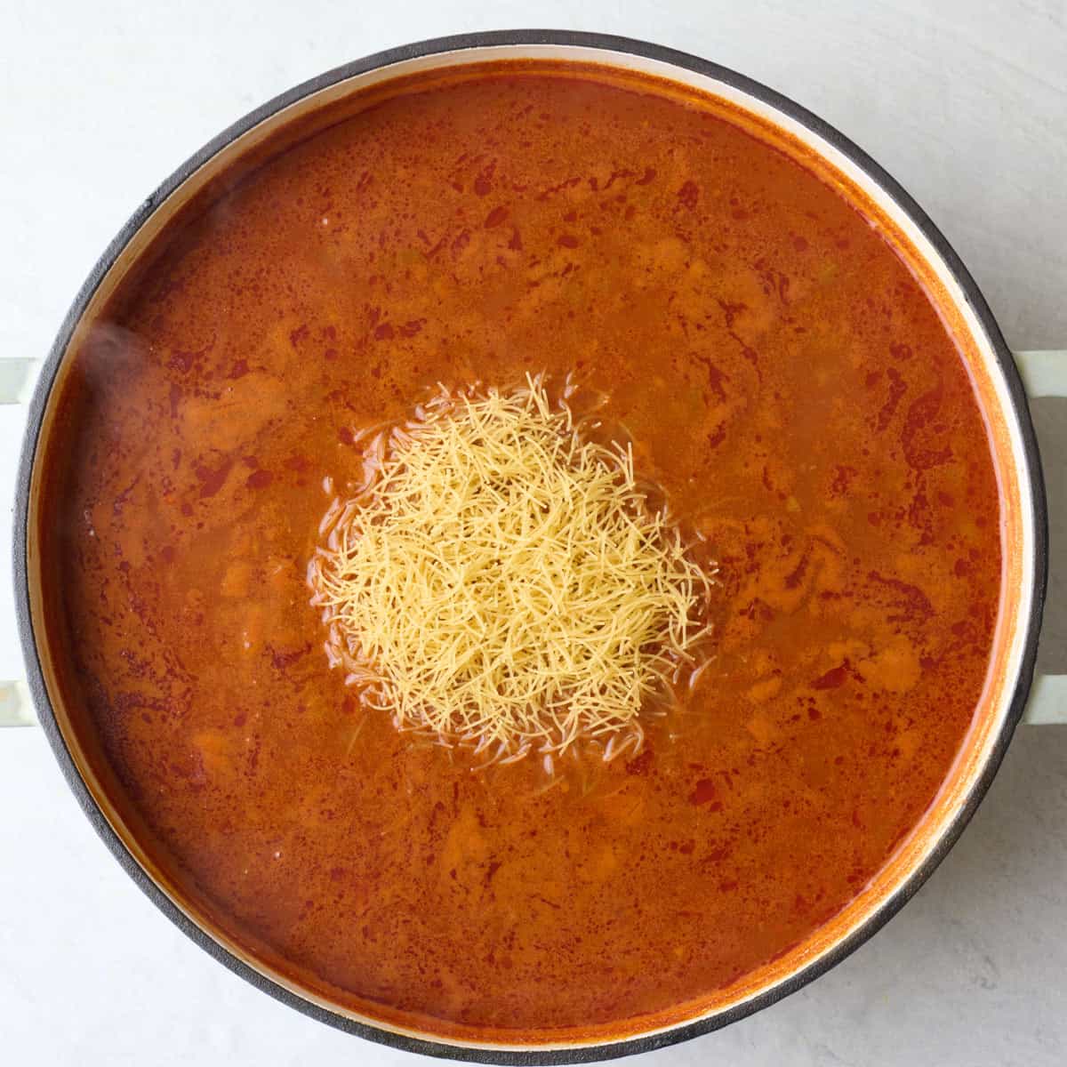 After simmering with vermicelli and salt added.