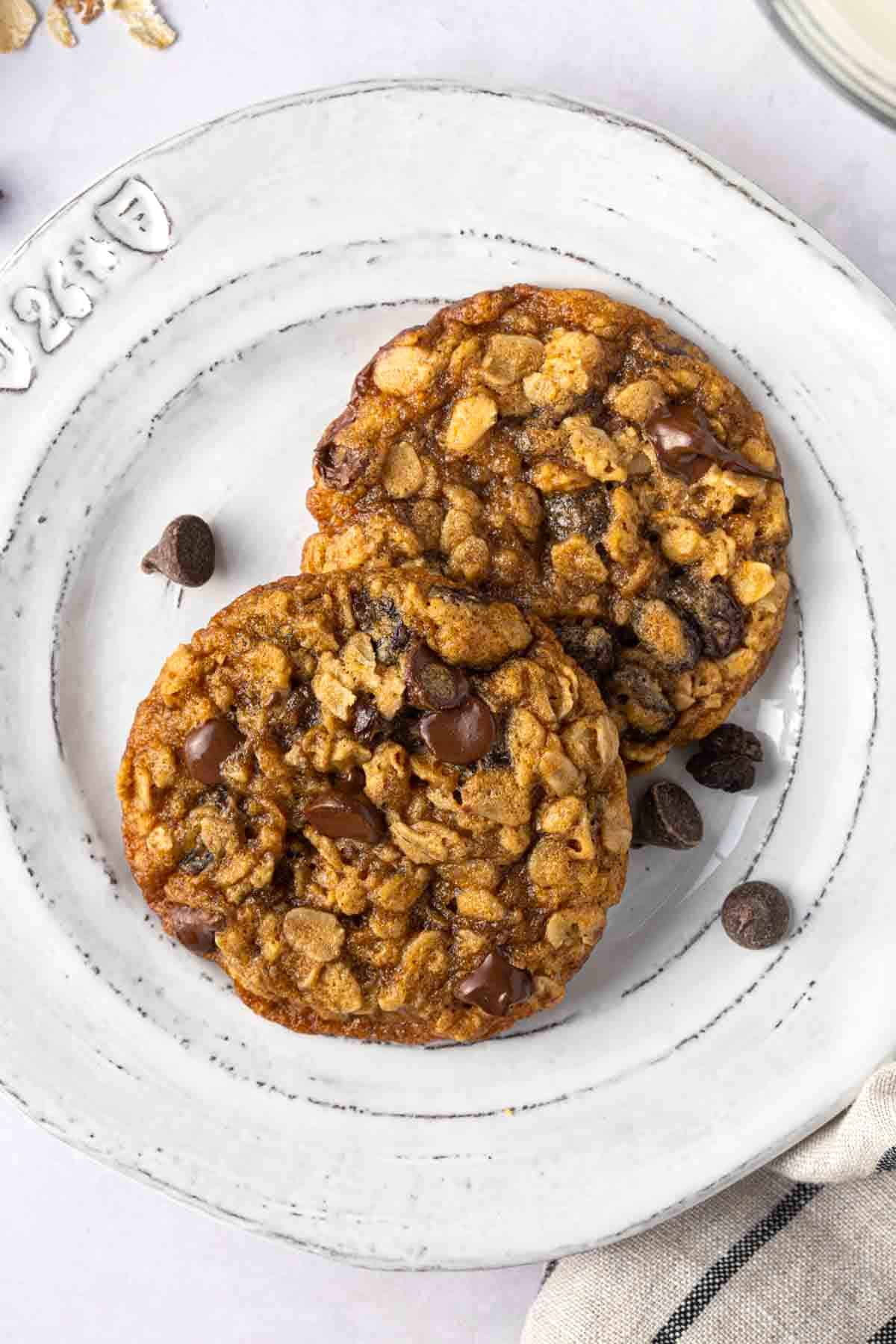 Two chewy oatmeal cookies on a plate.