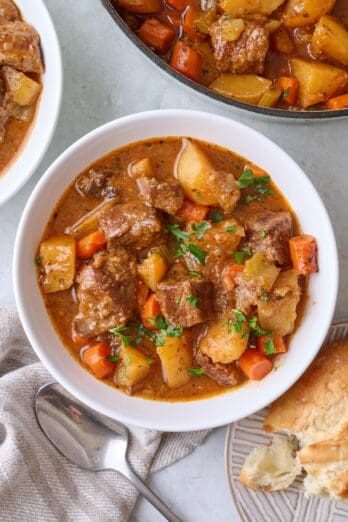 Homemade beef stew in a bowl with pot nearby.