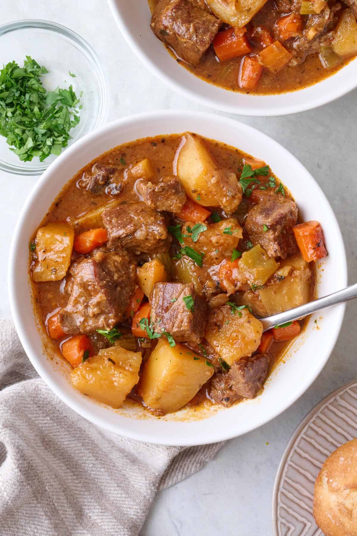 Chunky beef stew in a bowl.