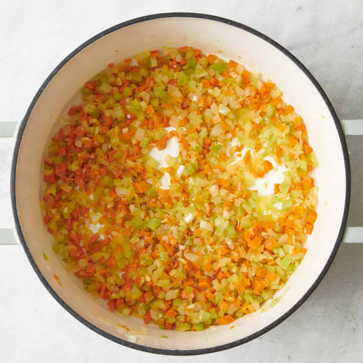 Onions, celery, carrots and garlic after sauteed.