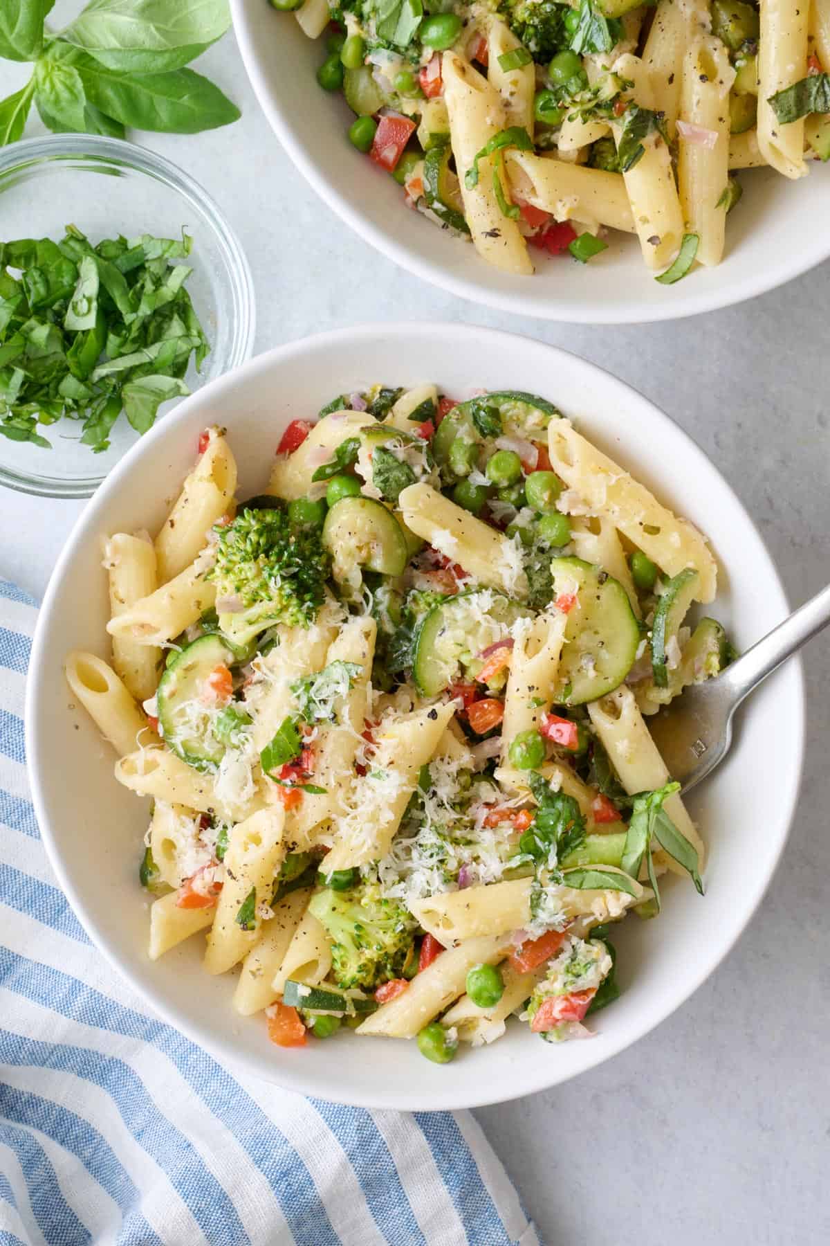 Two bowls of Pasta Primavera.