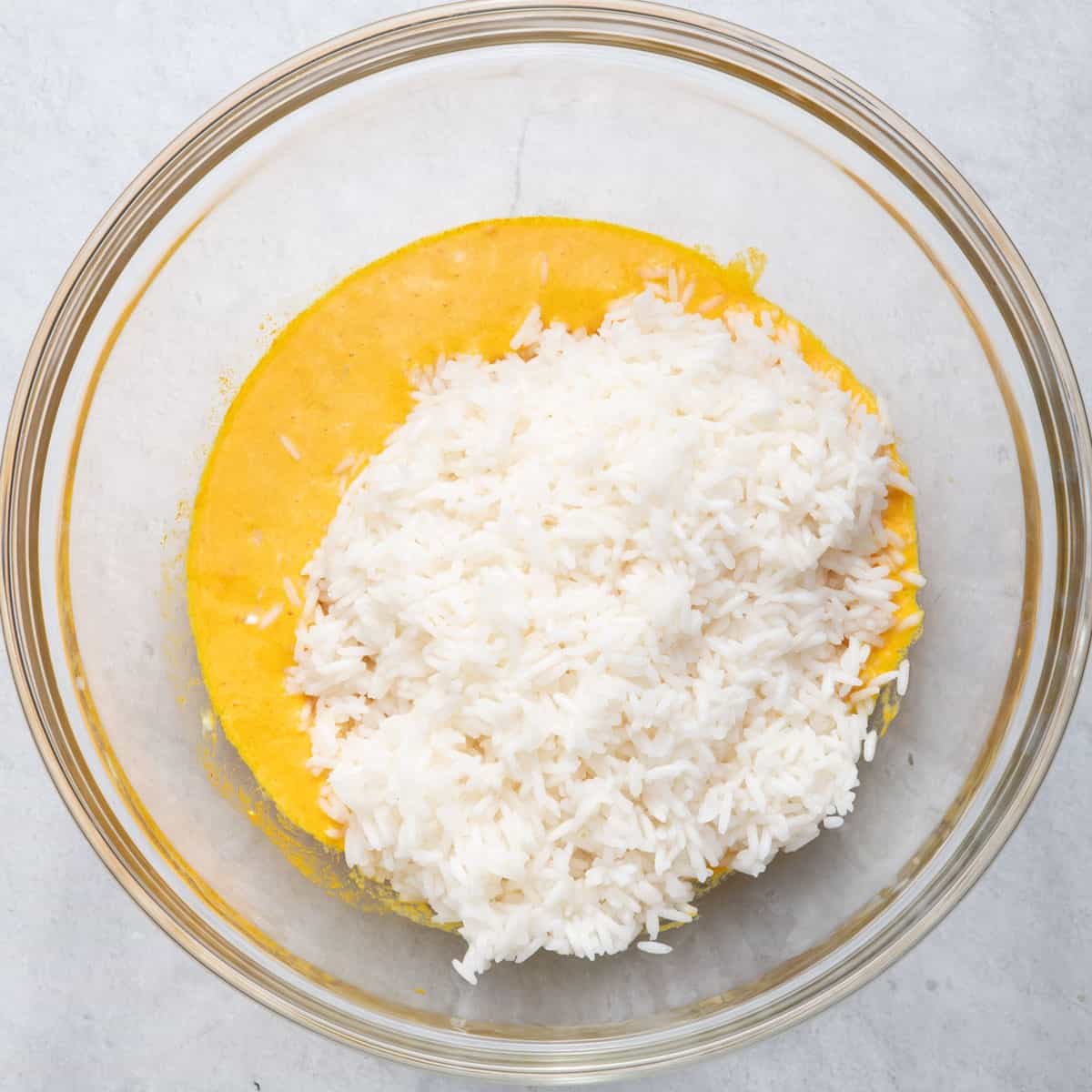 Rice added to spiced mixture.