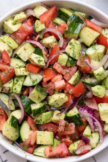 Tomato cucumber avocado salad recipe.