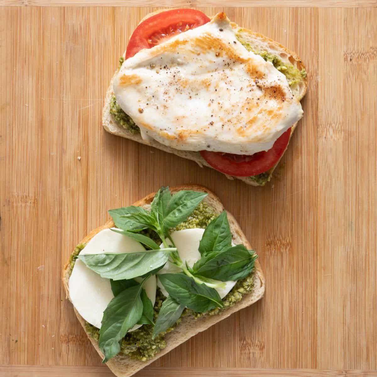 Basil and mozzarella added to the other side of sandwich.