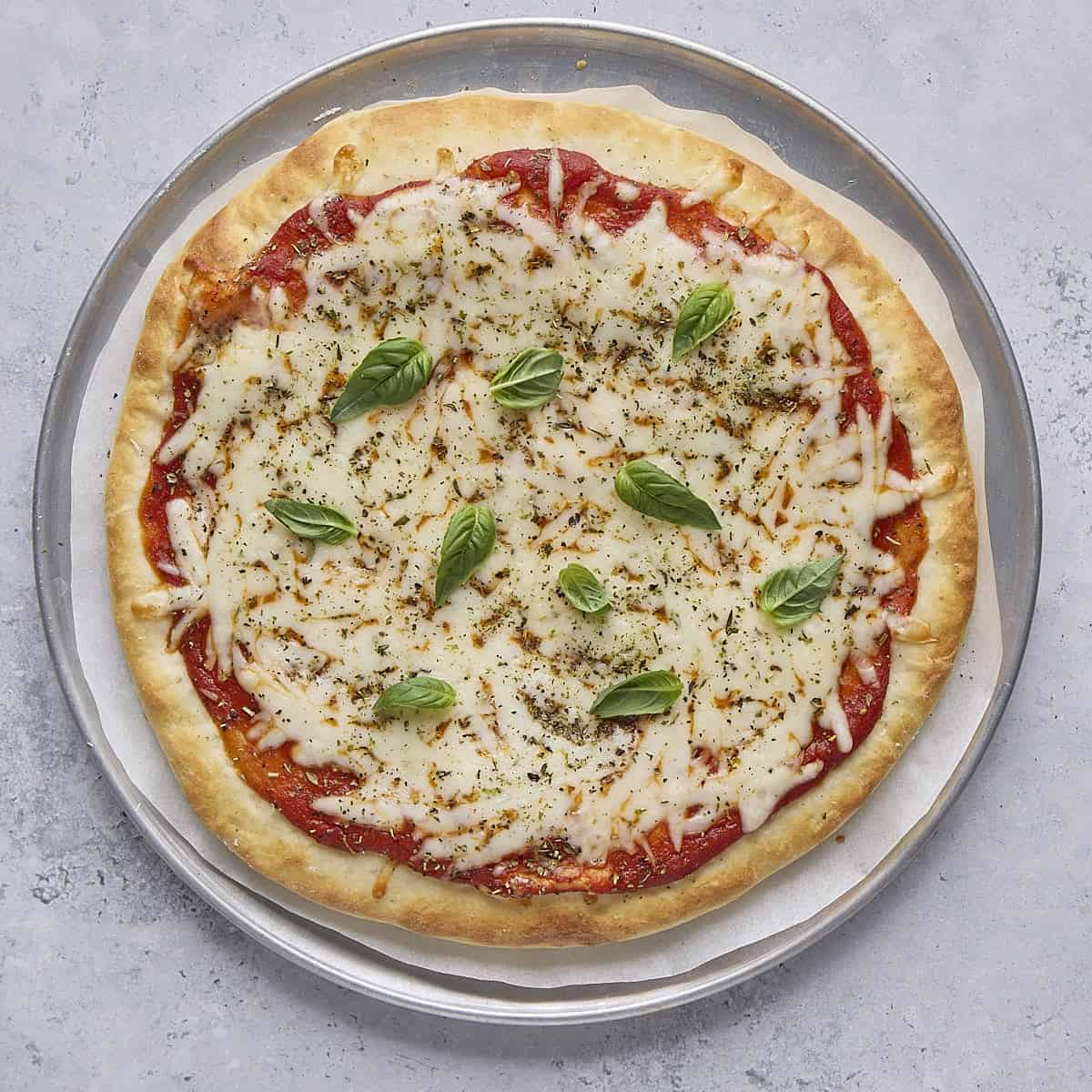 Recipe after baking with fresh basil leaves added.