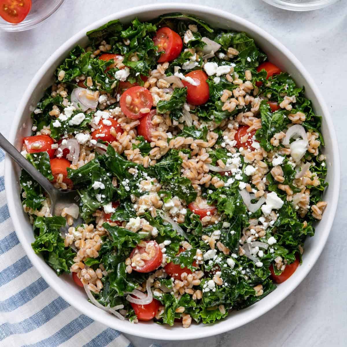Mediterranean kale and farro salad recipe.