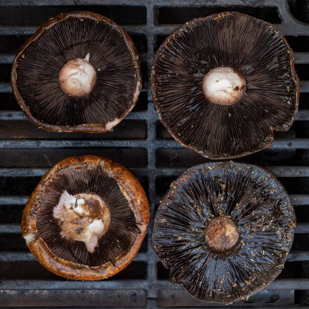 Marinated mushroom caps on a grill cap side down.