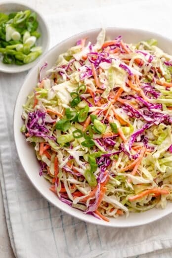 Easy cabbage coleslaw in a serving bowl.