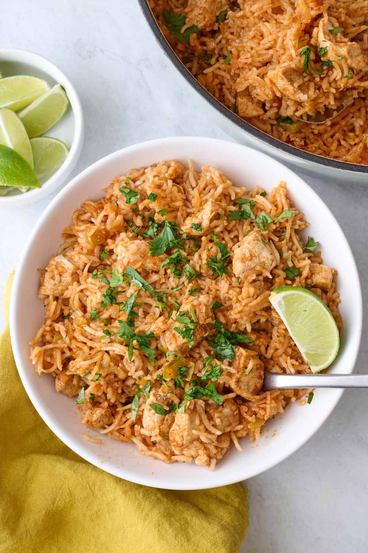 Serving of rice in a shallow bowl with pot nearby.