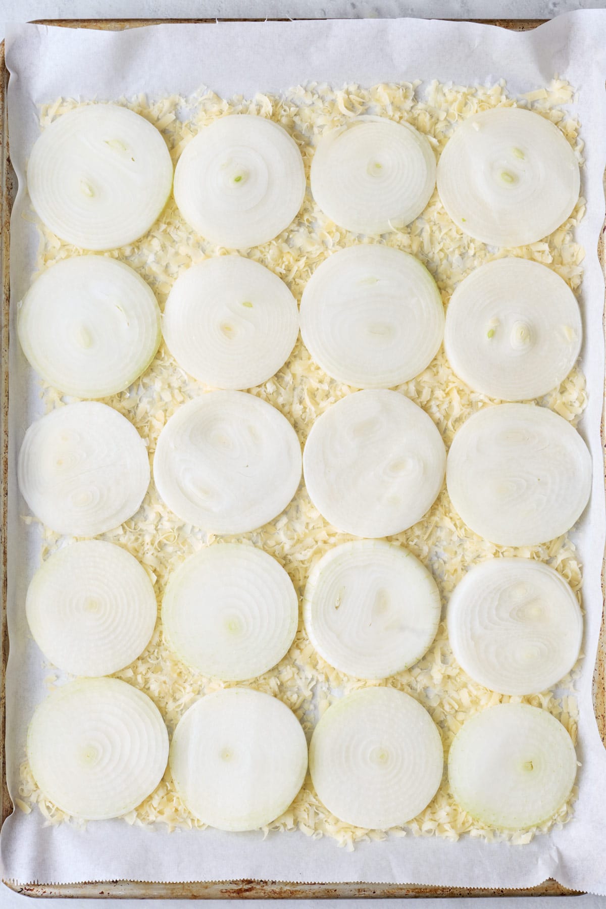 Onion slices on top of cheese in an even layer.