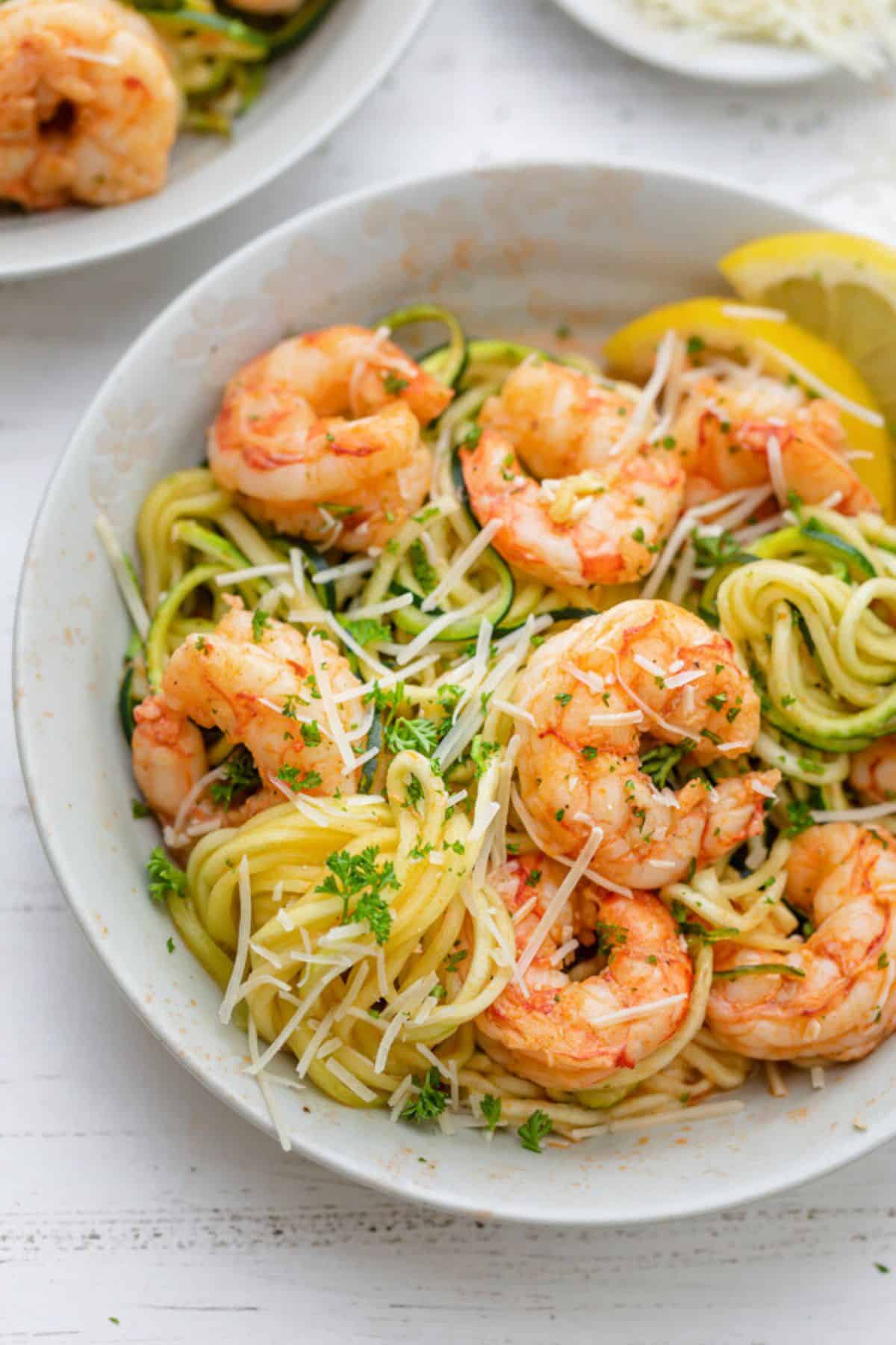 Shrimp scampi recipe with zoodles in a bowl.