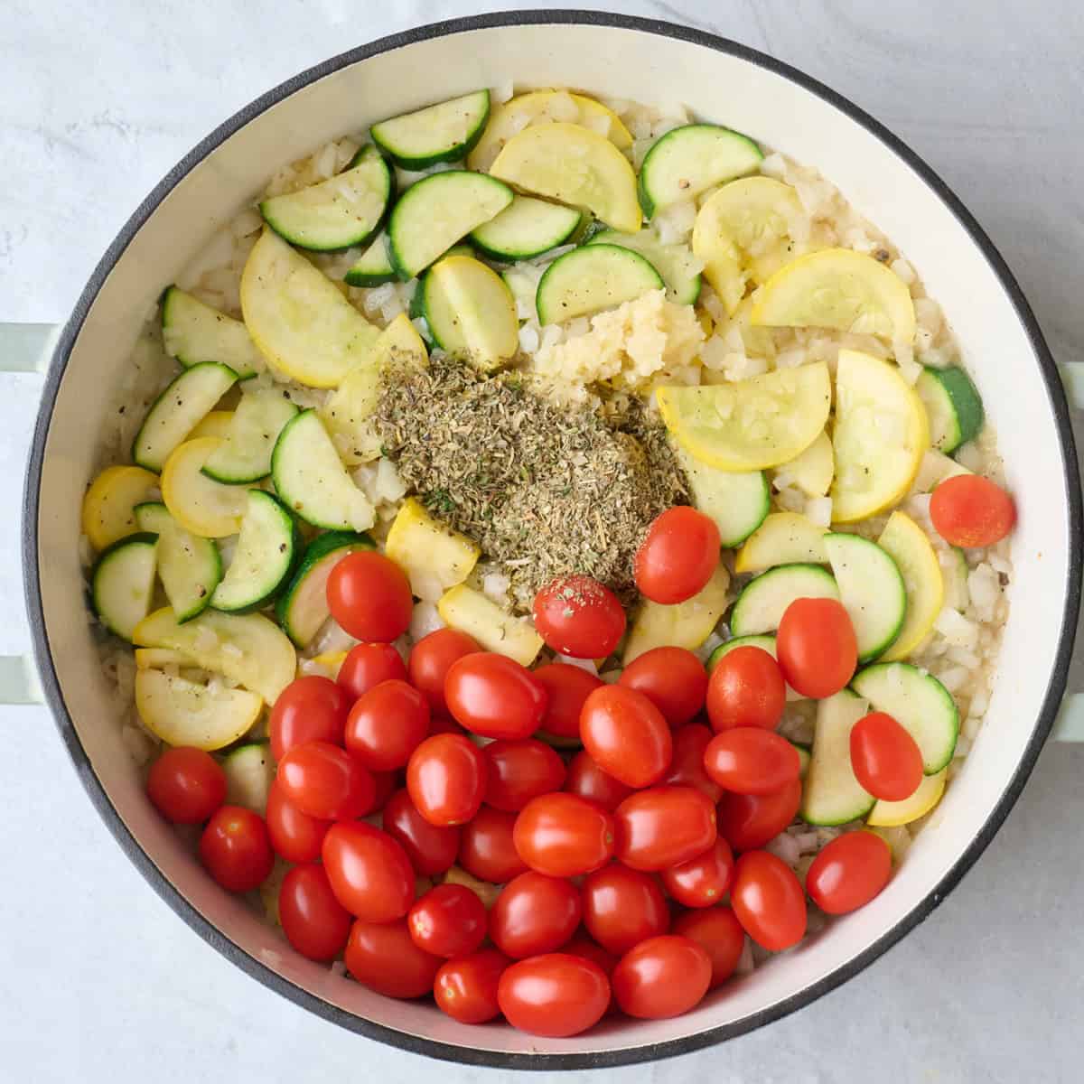 After cooking with cherry tomatoes and italian seasoning added.