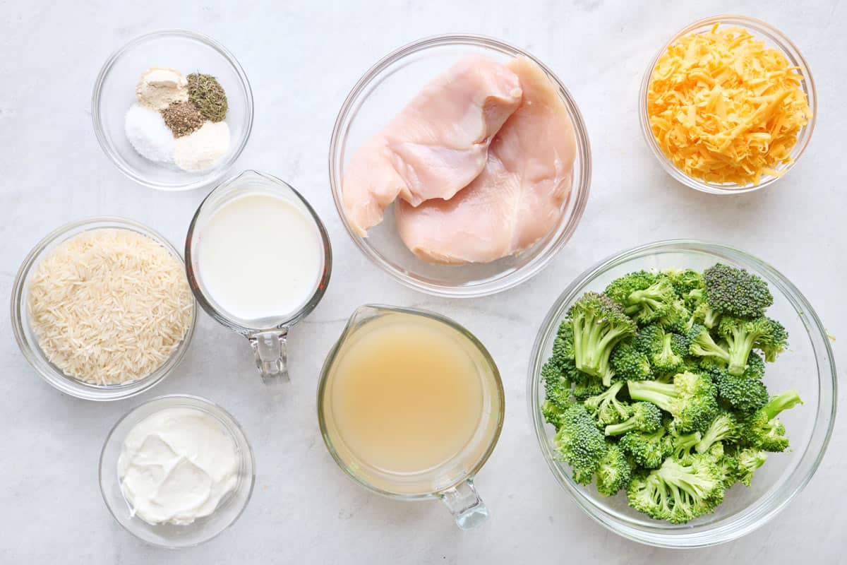 Ingredients for recipe: seasoning blend, rice, yogurt, milk, chicken breasts, broth, shredded cheese, and broccoli.