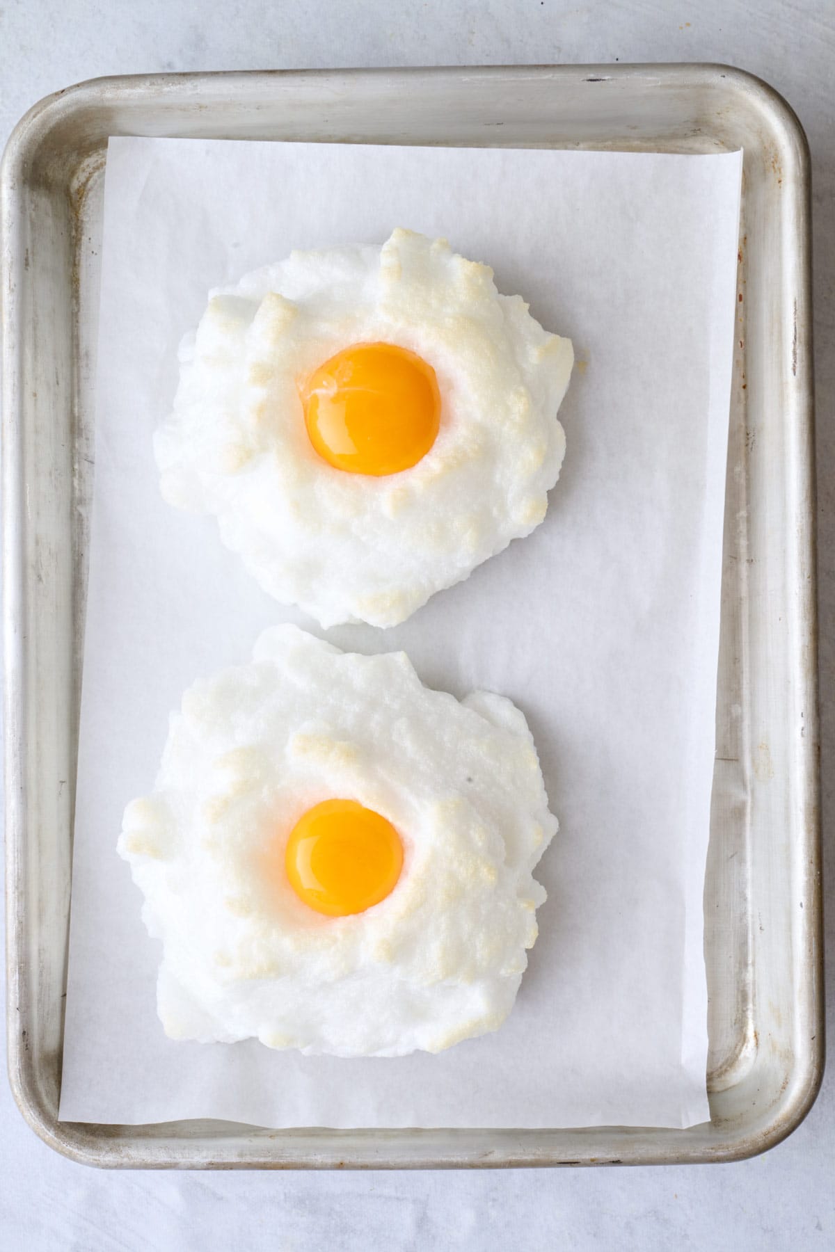 After baking egg whites with egg yolk added.