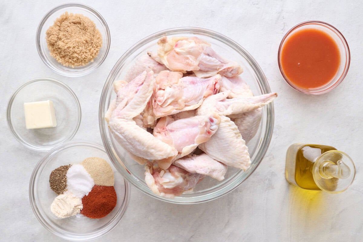 Ingredients for recipe: chicken wings, brown sugar, butter, hot sauce, seasoning blend, and oil.