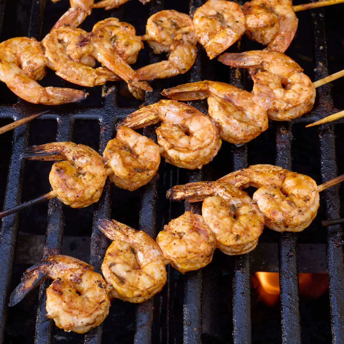 After flipping shrimp on outdoor grill.