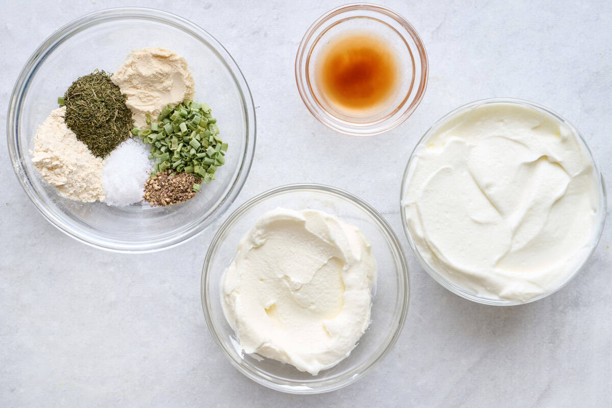 Ingredients for recipe: Greek yogurt, sour cream, apple cider vinegar, and a homemade spice blend.