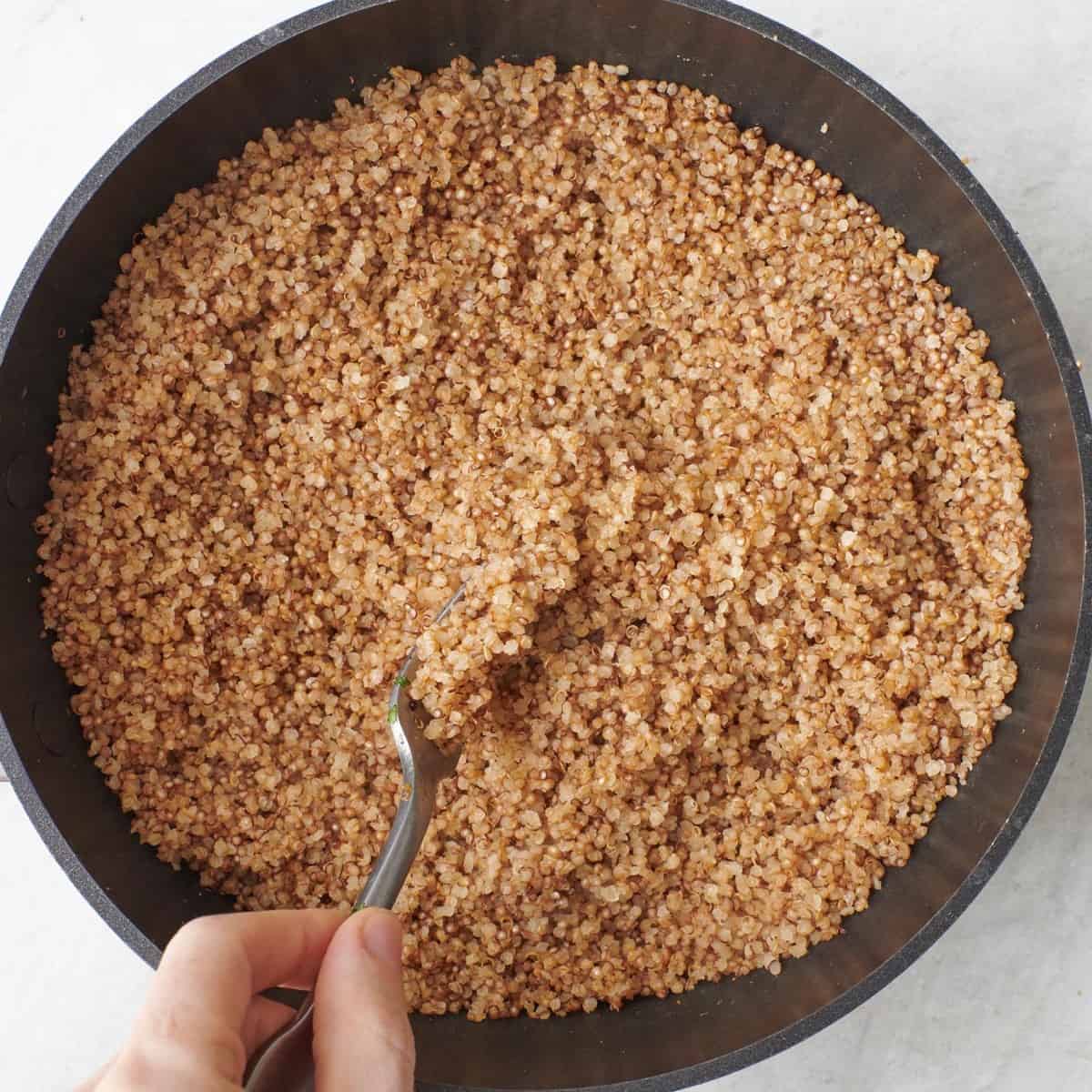 Cooked quinoa in a pan with a fork fluffy it.